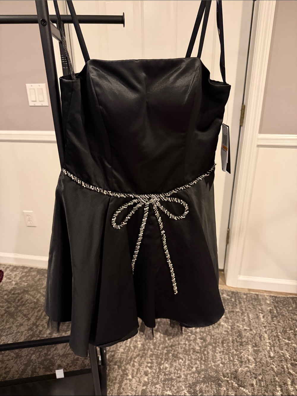 Black Satin Party Dress with Bead and Rhinestone Bow NWT Sz S